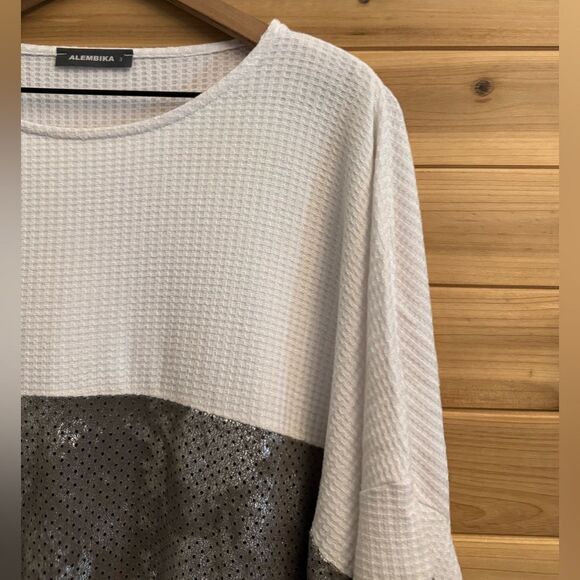 Alembika Size 3/Large Metallic Stripe Lagenlook Waffle 3/4 Sleeve Shirt - Picture 2 of 12